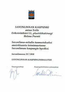 Kunniakirja Savonlinna kaupunki 2010