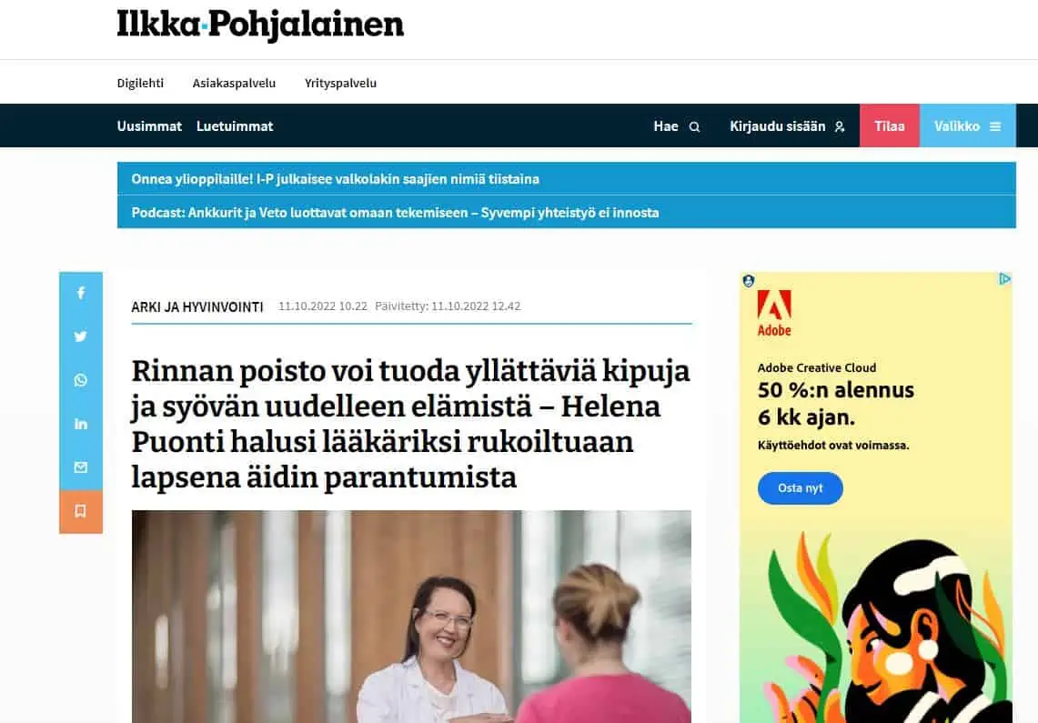 johanna pinksu rintasyöpä artikkeli yle